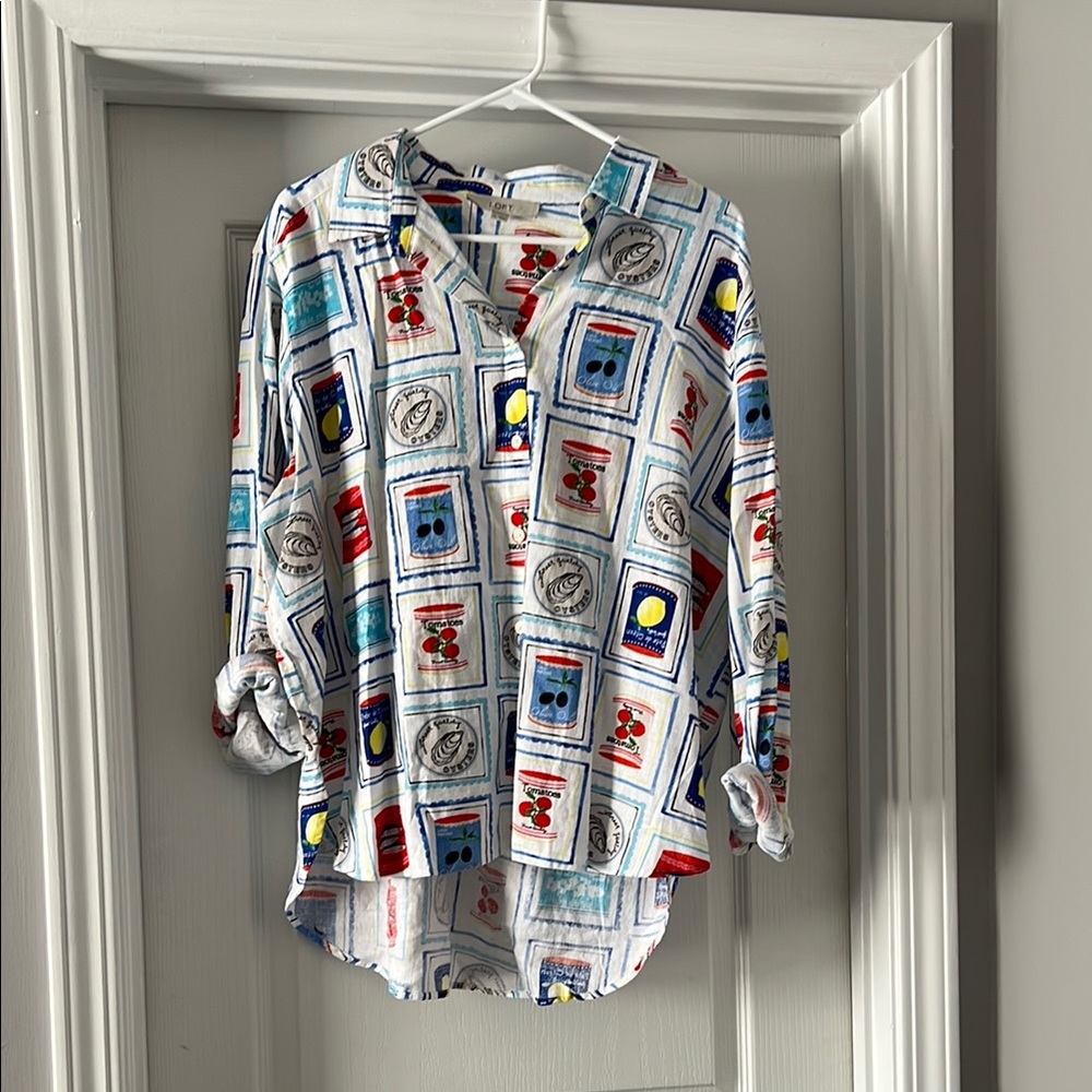 LOFT White Button-Front Top with Multicolor Fruit Print